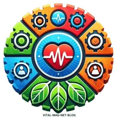 Vibrant circular logo of The //Vital-Mag.net Blog, featuring icons for health, technology, lifestyle, and personal growth in bright colors.